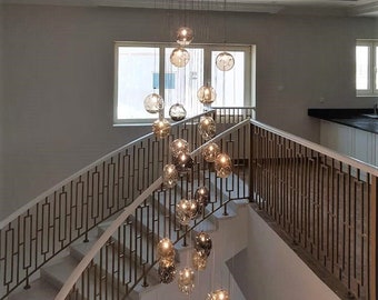 Modern-staircase-chandelier-LED blown-glass-pendant-lighting -PALAZZO -two story foyer chandelier-Dining lighting--custom. High ceilings