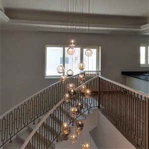 Modern-staircase-chandelier-LED blown-glass-pendant-lighting -PALAZZO -two story foyer chandelier-Dining lighting--custom. High ceilings