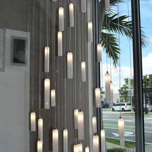 Modern-staircase-chandelier led-OPAL-WHITE CANDLES chandelier- dimmable led-contemporary dining lighting- two story foyer chandelier lights