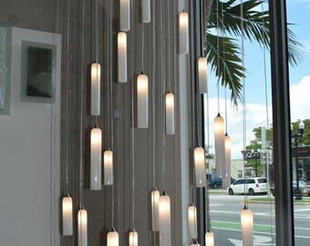 Modern-staircase-chandelier led-OPAL-WHITE CANDLES chandelier- dimmable led-contemporary dining lighting- two story foyer chandelier lights