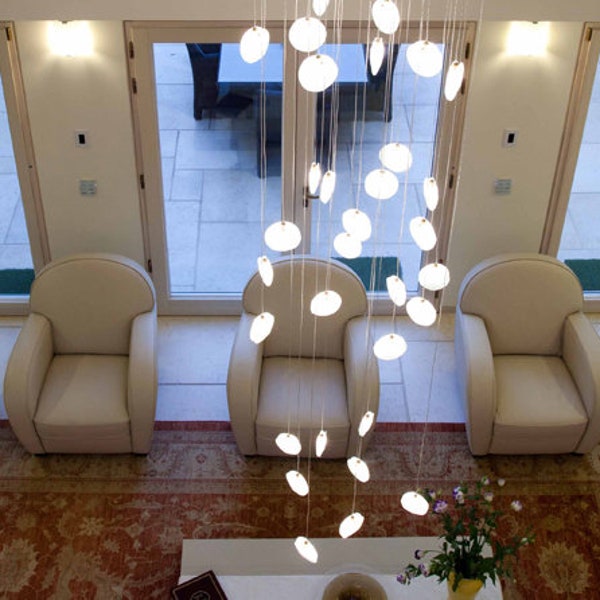 Modern living room chandelier-contemporary |REEF | Classic blown glass chandelier, elegant two story chandelier LED milk glass pendant light