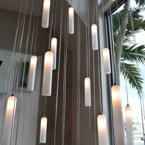 Modern-staircase-chandelier led-OPAL-WHITE CANDLES chandelier-dimmable led-contemporary dining lighting-two story foyer chandelier lights