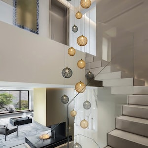 Two-story-foyer blown-glass-lighting-NAPA Amazing-long-art-pendant-lighting-modern-dining-lights-staircase-chandelier-grey-lighting-led. image 2