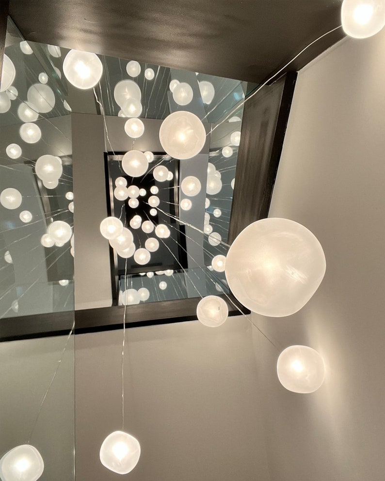 White-globe-multi-pendant-Lighting VOYAGE Multi-pendant-staircase-chandelier, custom DIY blown-glass-light, two-story foyer-lights-LED image 8
