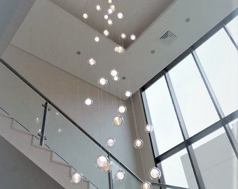 Modern staircase chandelier-Blown-glass-clear-globe-pendant-light-REFLECTION BREEZE- contemporary-staircase-beautiful-globe-chandelier-light
