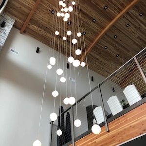 White-globe-multi-pendant-Lighting VOYAGE Multi-pendant-staircase-chandelier, custom DIY blown-glass-light, two-story foyer-lights-LED image 4