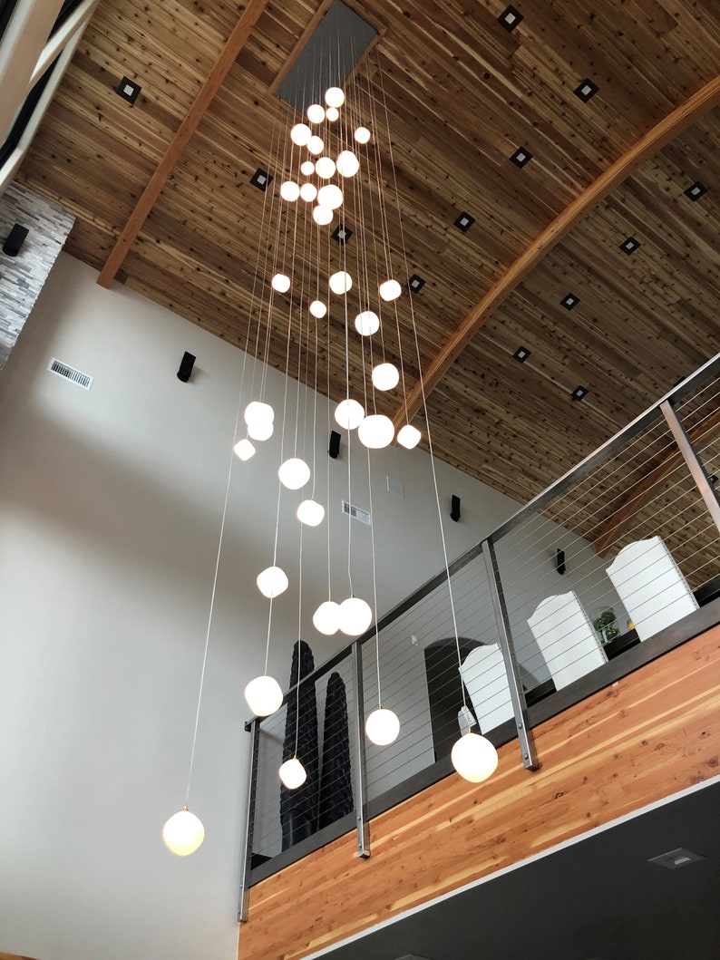 White-globe-multi-pendant-Lighting VOYAGE Multi-pendant-staircase-chandelier, custom DIY blown-glass-light, two-story foyer-lights-LED image 4