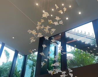 Lustre de folhas de vidro de Murano – Iluminação em cascata artesanal, pendente personalizado para hall de entrada
