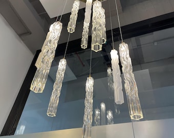 Hand-Blown Crystal Glass Chandelier – Waterfall Pendant Light, Modern Foyer Lighting