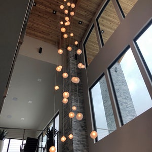 White-globe-multi-pendant-Lighting VOYAGE Multi-pendant-staircase-chandelier, custom DIY blown-glass-light, two-story foyer-lights-LED image 2