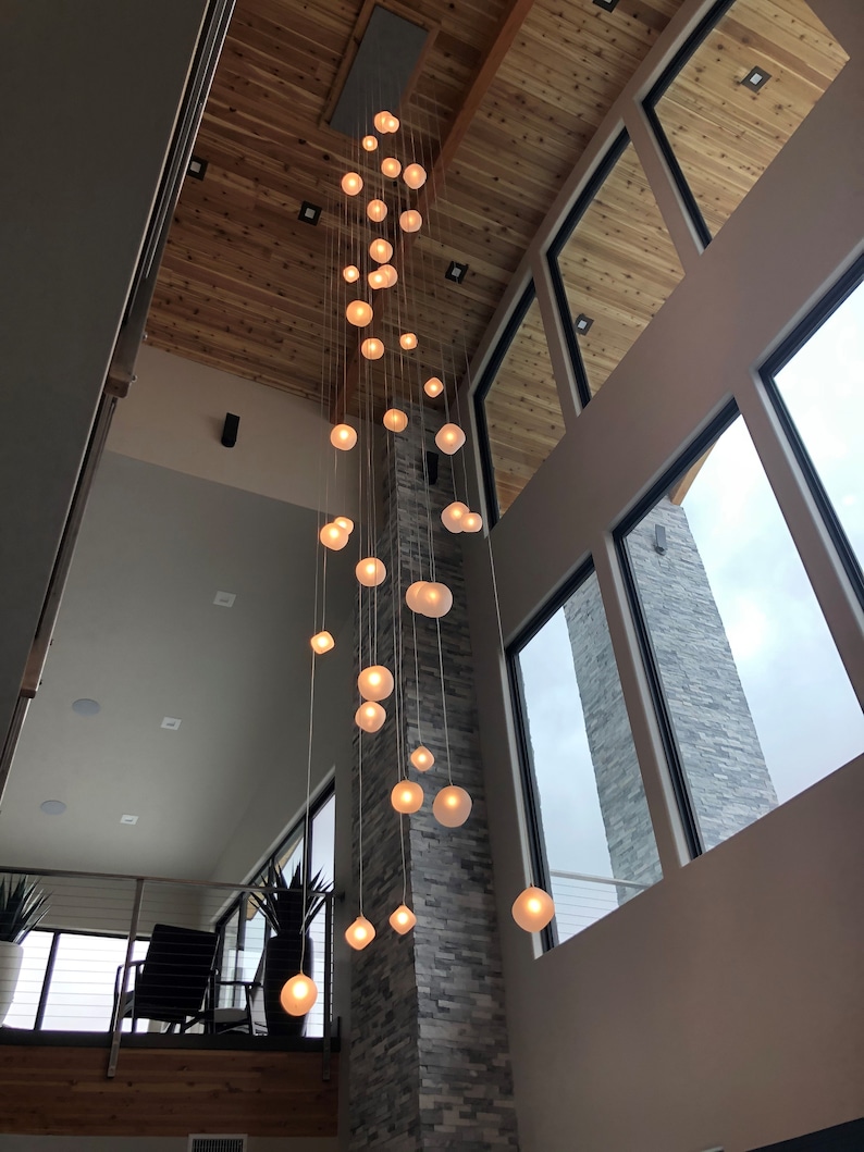 White-globe-multi-pendant-Lighting VOYAGE Multi-pendant-staircase-chandelier, custom DIY blown-glass-light, two-story foyer-lights-LED image 2