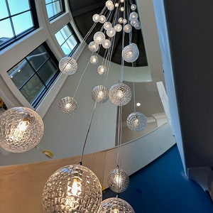 Staircase Long-Dining-chandelier-custom BLOWN-GLASS-globe-pendant-lighting-LED, Modern multi-pendant-chandelier, beautiful unique lighting