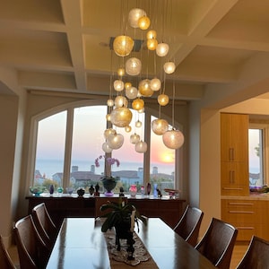 Staircase-chandelier, clear-glass-globe-pendant-lighting | VOYAGE TWIGS | dining-chandelier, custom-blown-glass, two-story-foyer-lights-LED