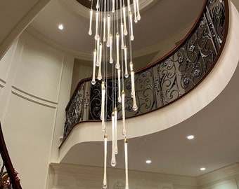 Dining chandelier, Modern-led-dining-chandelier | FERRARO | Custom-dining-light, long-staircase-crystal-glass-chandelier two-story-foyer-li