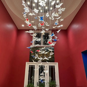 Murano Glass Custom Entry Foyer Chandelier - Modern Staircase Lighting, LED Leaf and Butterfly Design, Two-Story Colorful Glass Chandelier
