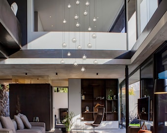 Long multi-level Hand-Blown Glass Globe Pendant Chandelier: Frosted Inner Light