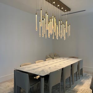 Dining chandelier, Modern-led-dining-chandelier | FERRARO | Custom-dining-light, long-staircase-crystal-glass-chandelier two-story-foyer