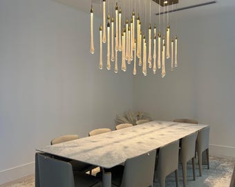 Dining chandelier, Modern-led-dining-chandelier | FERRARO | Custom-dining-light, long-staircase-crystal-glass-chandelier two-story-foyer