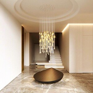 Modern Ferraro Chandelier in living room on White round canopy. High Ceiling Design Idea