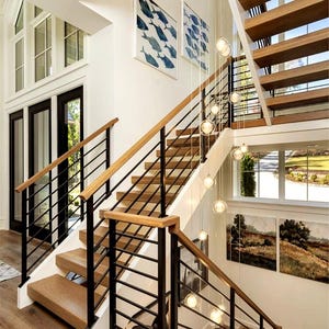STAIRCASE-CHANDELIER modern two-story lighting. Three-story stairway lighting LED Glass Globe dining chandelier - big chandelier light.