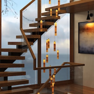 Modern Farmhouse-dining room-chandelier-ROMANTIC-CANDLES - mountain home-Contemporary- two-story-pendant- staircase, tall-long-chandelier