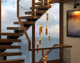 Modern Farmhouse-dining room-chandelier-ROMANTIC-CANDLES - mountain home-Contemporary- two-story-pendant- staircase, tall-long-chandelier