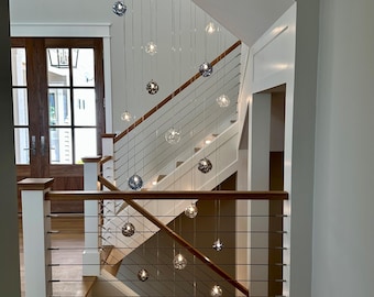 Modern-staircase-chandelier-LED blown-glass-pendant-lighting-PALAZZO-two story foyer chandelier-Dining lighting-custom. High ceilings