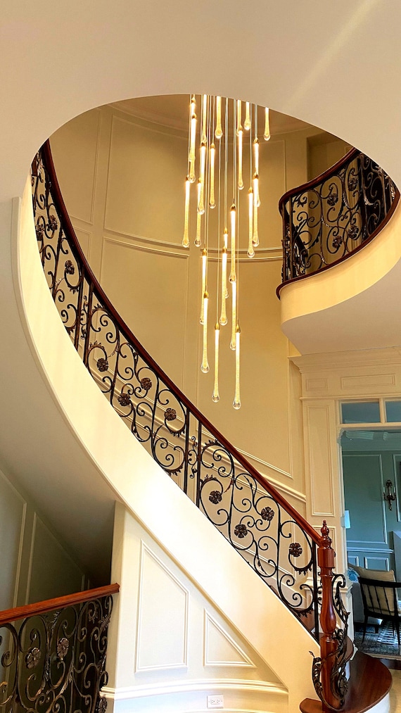 Crystal Glass LED Chandelier: Modern Stairwell Lighting, Gold Accents