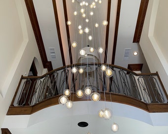 Long Cascading Stairwell Chandelier: Blown Glass Globes, Modern Pendant Lighting