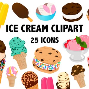 May include: A set of 25 colorful ice cream clipart icons. The icons include cones, cups, popsicles, and ice cream sandwiches.  The icons are perfect for use in digital projects, such as websites, social media, and presentations.