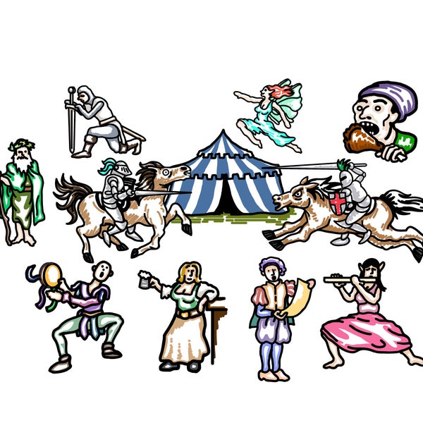 RENAISSANCE CLIPART  Printable Ren faire Knights Fairies and Villager characters hand drawn icons