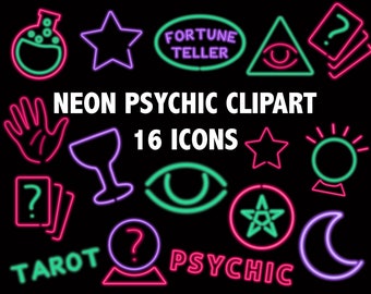 NEON PSYCHIC CLIPART  Occult and Palm Reader icons Magic Tarot reader clip art neon lights