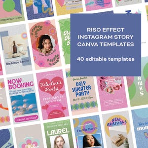 May include: A collection of 40 Instagram story templates with a riso effect. The templates feature various designs with a retro aesthetic, including hearts, flowers, and geometric shapes. The text on the templates includes phrases like "New Beginnings", "Valentine's Party", and "Ugly Sweater Party".