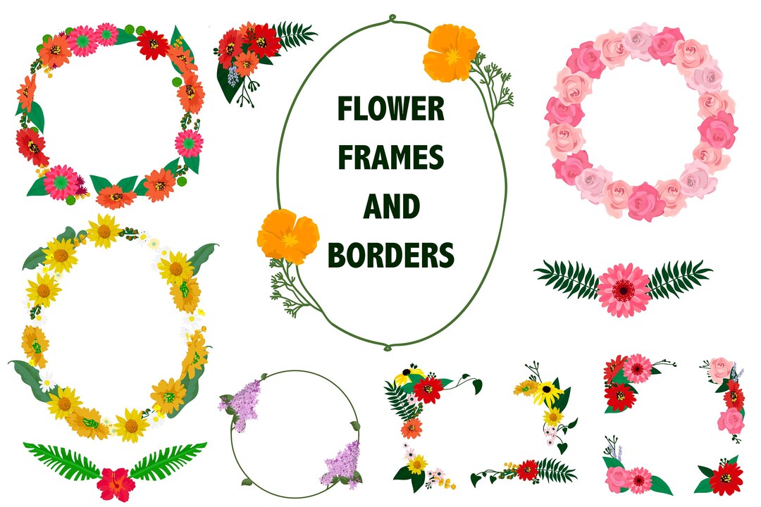 Flower Frames and Borders Illustrated Digital Floral Design Elements ...