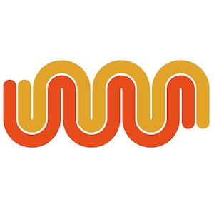 May include: Abstract geometric design with two wavy lines, one orange and one yellow, overlapping each other.