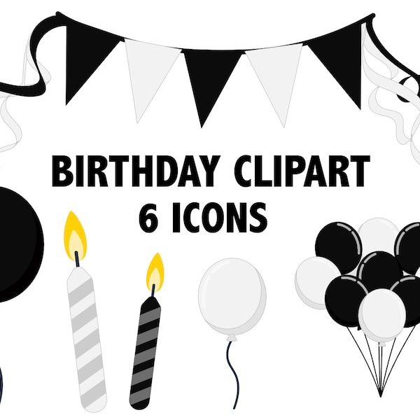 Black and White BIRTHDAY CLIPART party balloons banner clip art, bday banner decor, retro party candles digital icons printable art