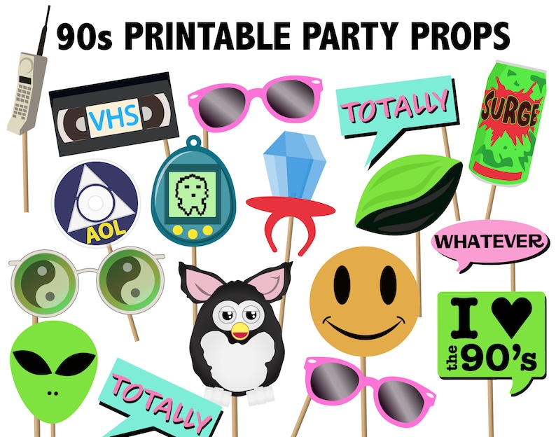90s Printable Occasion Props - electronic icons for 1990s occasion decorations picture booth image about Printable Photo Props called 90s Printable Get together Props - electronic icons for 1990s social gathering decorations photograph booth