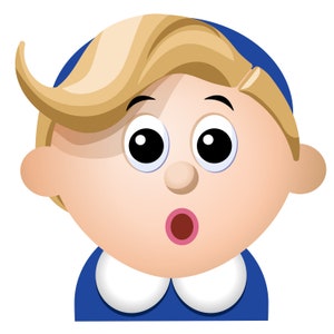 K&ouml;nnte beinhalten: Eine Cartoon-Illustration einer Person mit blonden Haaren, blauen Augen und einem &uuml;berraschten Gesichtsausdruck. Sie tr&auml;gt ein blaues Kleid mit einem wei&szlig;en Kragen.