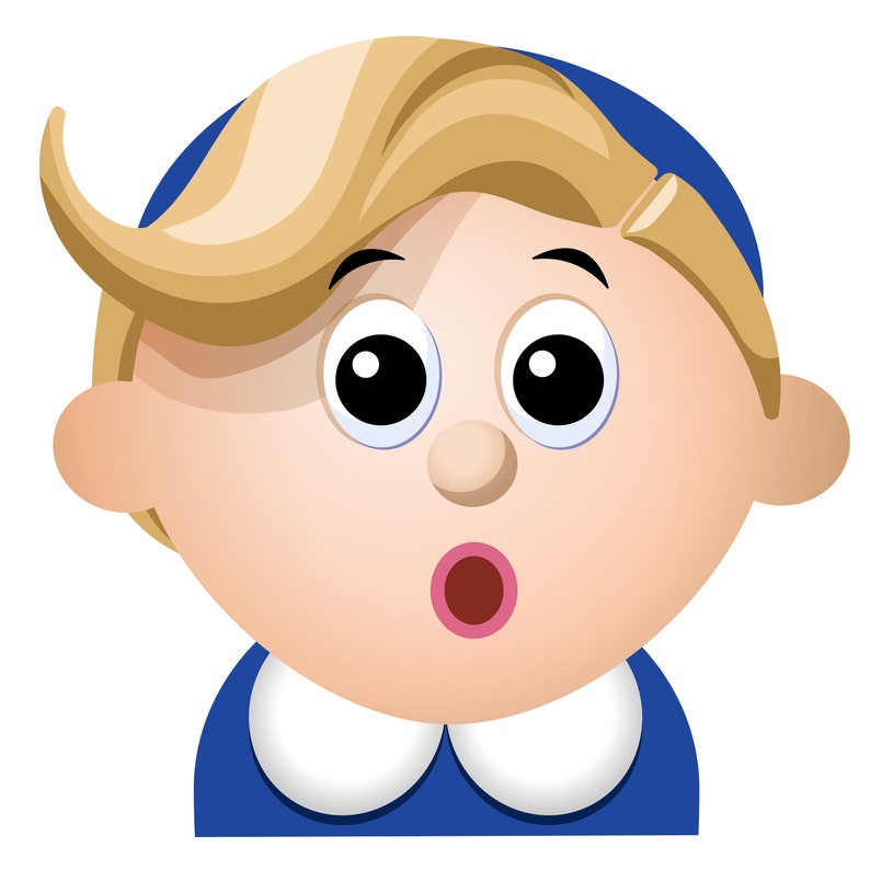 K&ouml;nnte beinhalten: Eine Cartoon-Illustration einer Person mit blonden Haaren, blauen Augen und einem &uuml;berraschten Gesichtsausdruck. Sie tr&auml;gt ein blaues Kleid mit einem wei&szlig;en Kragen.