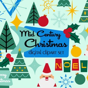 Mid Century Christmas retro clipart set 50s retro holiday ornaments and trees clip art
