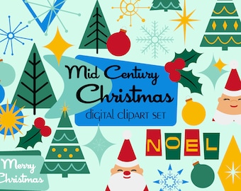 Mid Century Christmas retro clipart set 50s retro holiday ornaments and trees clip art