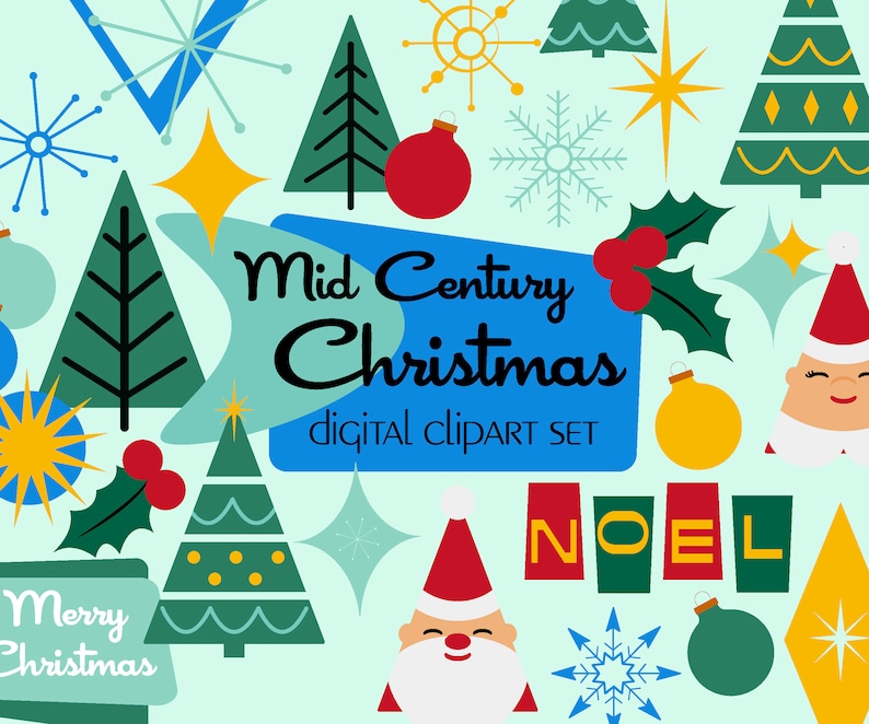 Pode incluir: Um conjunto de clipart digital com um tema natalino moderno de meados do s&eacute;culo. O conjunto inclui ilustra&ccedil;&otilde;es de &aacute;rvores de Natal, flocos de neve, estrelas, enfeites, azevinho, Papai Noel e as palavras "Feliz Natal" e "No&euml;l".