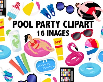 Clipart Pool Party : flotteurs d'été, ballon de plage (téléchargement numérique)