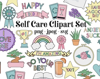 Selbstfürsorge Grafiken Set positive und aufbauende Selbstfürsorgetherapie Clip Art Symbole Angst und Depression Glück Selbsthilfe druckbare Aufkleber
