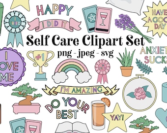 Self Care Clipart Set positive and uplifting selfcare therapy clip art icons  anxiety and depression happiness Self Help Printable Stickers