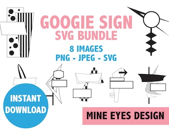 May include: A set of eight black and white Googie sign SVG files. The signs are in a retro style with geometric shapes and lines. The text "Googie Sign SVG Bundle" is written in pink and black. The text "8 Images PNG - JPEG - SVG" is written in black. The text "Instant Download" is written in blue. The text "Mine Eyes Design" is written in pink.