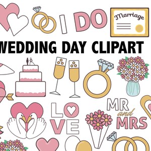 DÍA DE LA BODA CLIPART despedida de soltera lindo matrimonio temática Marry Me clip art set Bridal shower iconos blanco rosa y oro Instant Download