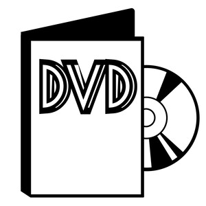 May include: Black and white illustration of a DVD case with the word "DVD" printed on the front and a disc inside.