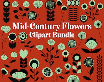 MID-CENTURY FLOWER two color Clipart bundle floral abstract geometric foliage