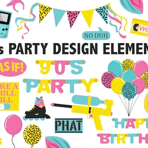 90s Party Clipart: Retro Birthday Design Elements (Digital Download)